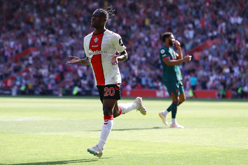 SOUTHAMPTON, ENGLAND - MAY 28: Kamaldeen Sulemana of Southampton celebrates after scoring the team's second goal during the Premier League match between Southampton FC and Liverpool FC at Friends Provident St. Mary's Stadium on May 28, 2023 in Southampton, England. (Photo by Michael Steele / Getty Images)