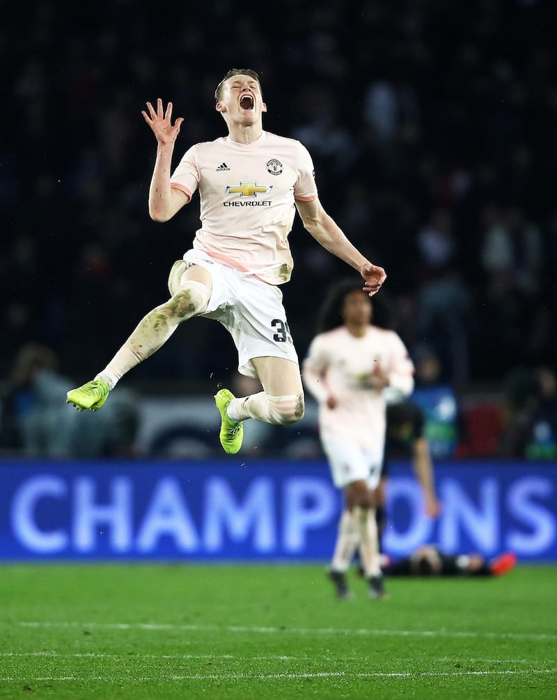 PARIS, FRANCE - MARCH 06:  Scott McTominay of Manchester United celebrates victory at full time after the UEFA Champions League Round of 16 Second Leg match between Paris Saint-Germain and Manchester United at Parc des Princes on March 06, 2019 in Paris, France. (Photo by Julian Finney/Getty Images)