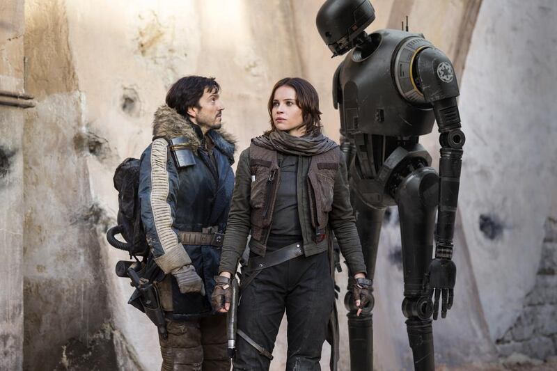 Left to right, Cassian Andor (Diego Luna), Jyn Erso (Felicity Jones) and K-2SO (Alan Tudyk). Jonathan Olley. All Rights Reserved 