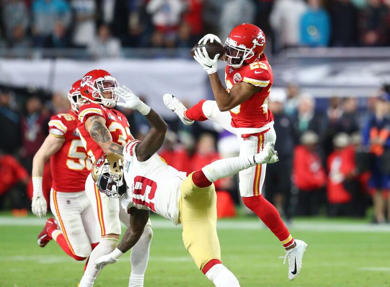 Kansas City Chiefs' Kendall Fuller intercepts a pass intended for 49ers wide receiver Deebo Samuel. Reuters