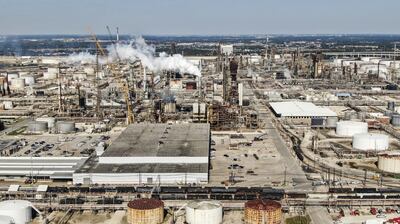 An aerial photo of the ExxonMobil petroleum refining complex in Baytown, Texas. EPA