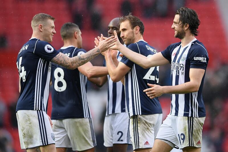 MANCHESTER, ENGLAND - APRIL 15:  Jay Rodriguez of West Bromwich Albion celebrates with teammates after the Premier League match between Manchester United and West Bromwich Albion at Old Trafford on April 15, 2018 in Manchester, England.  (Photo by Laurence Griffiths/Getty Images)