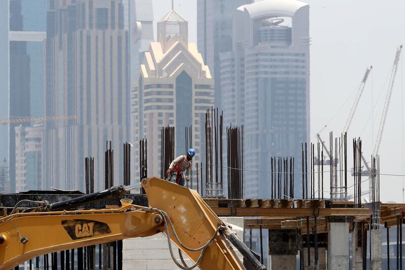 DUBAI, UNITED ARAB EMIRATES , June 11 – 2020 :- Worker at one of the construction site in Al Satwa area in Dubai.  The UAE’s compulsory midday break for outdoor workers will start from June 15. (Pawan Singh / The National) For News/Standalone/Online/Stock