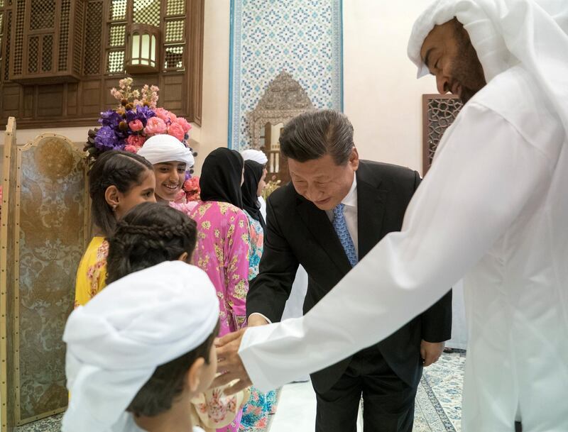 ABU DHABI, UNITED ARAB EMIRATES - July 20, 2018: HH Sheikh Mohamed bin Zayed Al Nahyan Crown Prince of Abu Dhabi Deputy Supreme Commander of the UAE Armed Forces (R) receives HE Xi Jinping, President of China (2nd R), prior to a private dinner, at Sea Palace. Seen with HH Sheikh Zayed bin Mohamed bin Hamad bin Tahnoon Al Nahyan (4th L).
( Rashed Al Mansoori / Crown Prince Court - Abu Dhabi )
---