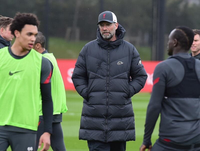 KIRKBY, ENGLAND - APRIL 28:(THE SUN OIUT. THE SUN ON SUNDAY OUT) Jurgen Klopp manager of Liverpool during a training session at AXA Training Centre on April 28, 2021 in Kirkby, England. (Photo by John Powell/Liverpool FC via Getty Images)