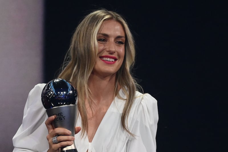 Spain and Barcelona forward Alexia Putellas poses on stage after receiving the Best Fifa Women’s Player award. AFP