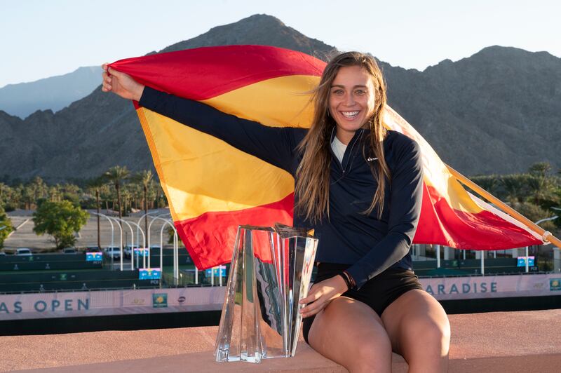 Paula Badosa, of Spain, poses with the trophy after defeating Victoria Azarenka, of Belarus, in the singles final at the BNP Paribas Open tennis tournament, Sunday, October 17, 2021, in Indian Wells, California. AP Photo