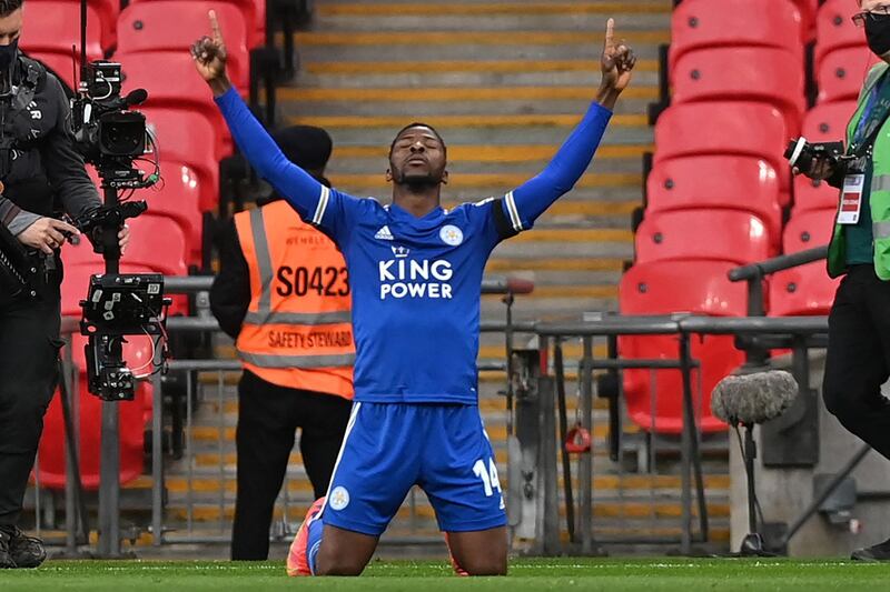 Leicester City's Nigerian striker Kelechi Iheanacho celebrates after scoring the opening goal of the English FA Cup semi-final football match between Leicester City and Southampton at Wembley Stadium in north west London on April 18, 2021.   - NOT FOR MARKETING OR ADVERTISING USE / RESTRICTED TO EDITORIAL USE 
 / AFP / POOL / NEIL HALL / NOT FOR MARKETING OR ADVERTISING USE / RESTRICTED TO EDITORIAL USE 
