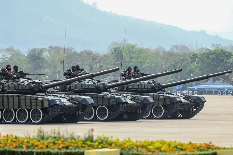 Military hardware is displayed during the parade. AP