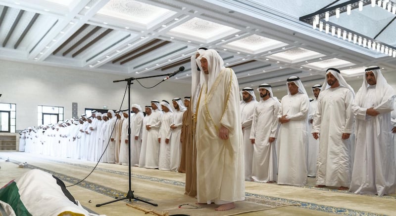 Members of the UAE's royal families perform funeral prayers for Sheikh Sultan in Al Bateen. Wam