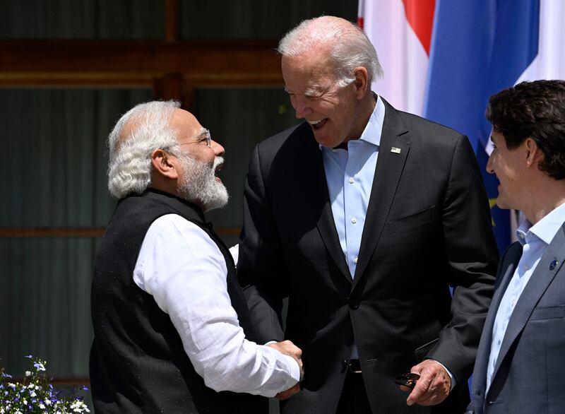 US President Joe Biden greets India's Prime Minister Narendra Modi at a G7 meeting in Germany in June 2022. AFP