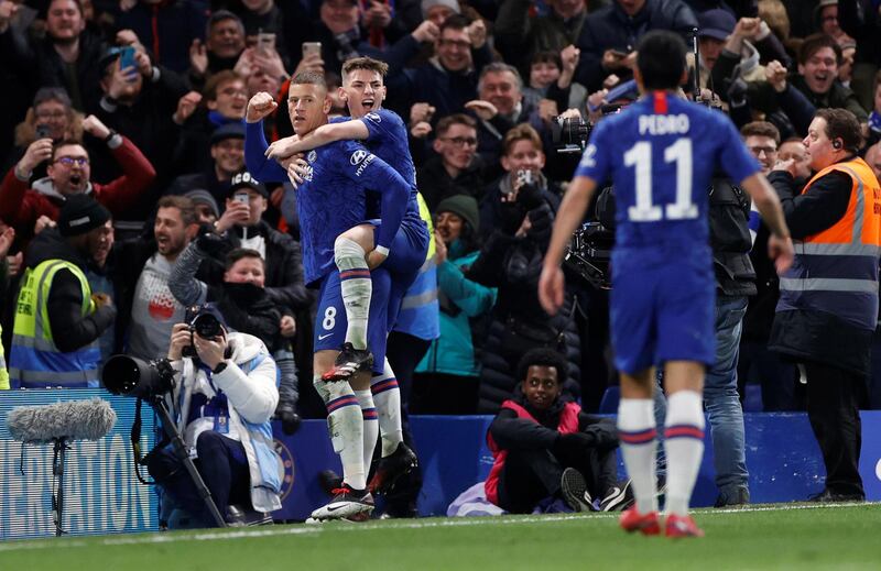 Billy Gilmour celebrates with Ross Barkley, who scored Chelsea's second goal. Reuters