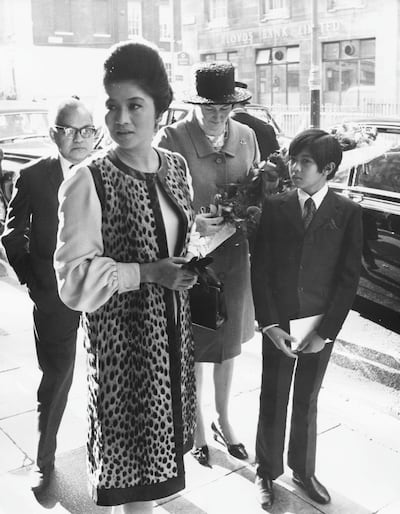 Imelda Marcos, wife of the President of the Philippines, with her son Ferdinand Jr, arriving at Claridge's Hotel, London, September 7th 1970. (Photo by Ian Showell/Keystone/Getty Images)
