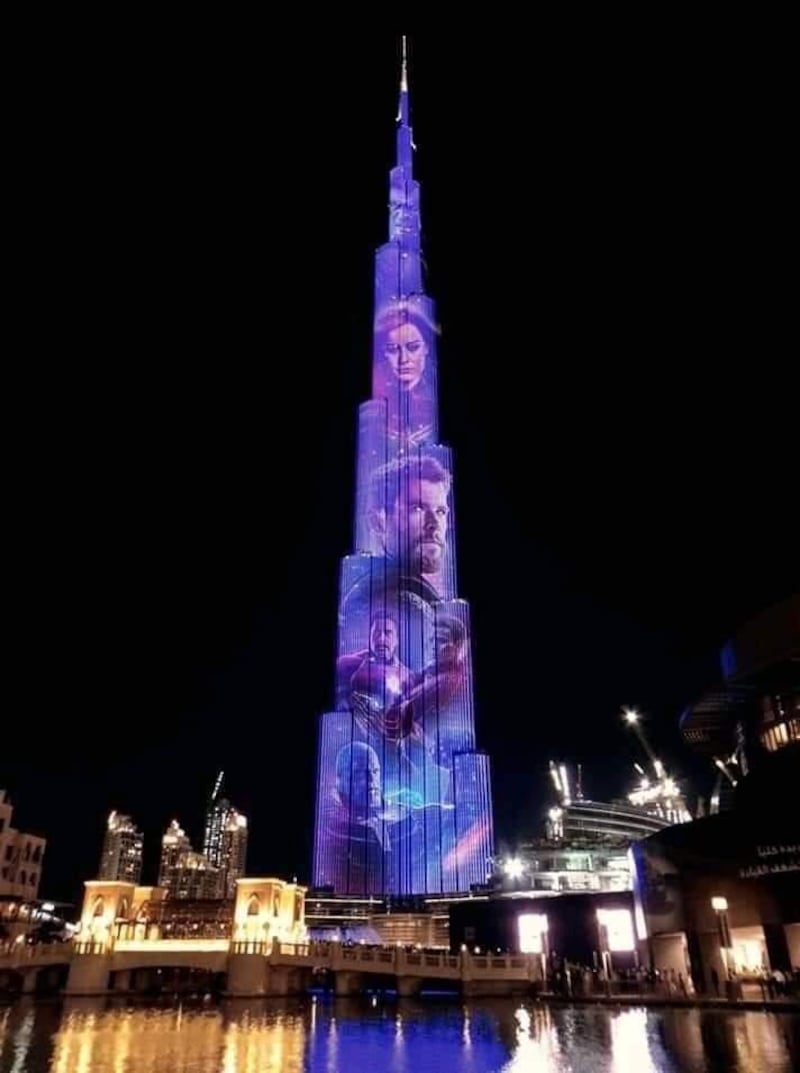 The characters of 'Avengers: Endgame' go up in lights on the Burj Khalifa. Photo: Thingstodoindubaicity / Instagram