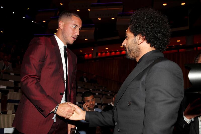 Mohamed Salah and Chelsea's Eden Hazard before the start of the awards. Action Images via Reuters