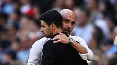 Manchester City manager Pep Guardiola and Arsenal manager Mikel Arteta will be aiming for the Premier League title on Sunday. Reuters