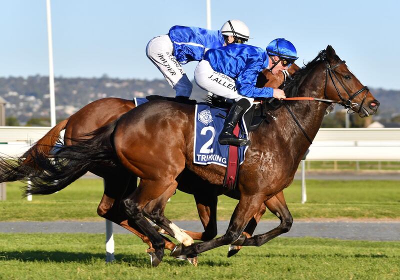 epa08425228 Jockey John Allen rides Trekking to victory in race 8, The Furphy Goodwood, at Morphettville Racecourse in Adelaide, Australia, 16 May 2020.  EPA/DAVID MARIUZ EDITORIAL USE ONLY AUSTRALIA AND NEW ZEALAND OUT