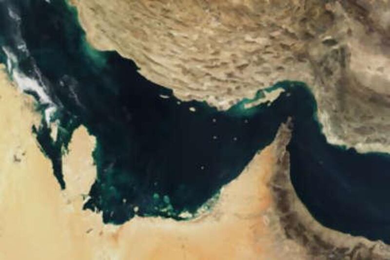 A satellite image of the Arabian Gulf and the Gulf of Oman and surrounding land masses.
