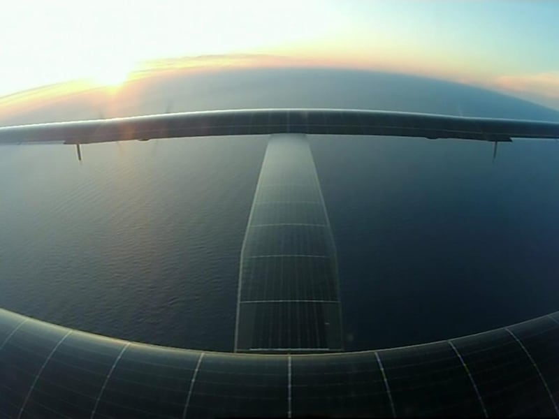 A dramatic view of 'Solar Impulse 2' after leaving New York, bound for Seville, Spain, on June 20, 2016.