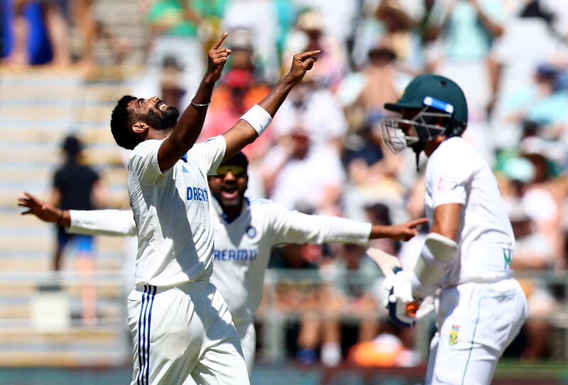 India's Jasprit Bumrah celebrates taking the wicket of South Africa's Keshav Maharaj. Reuters