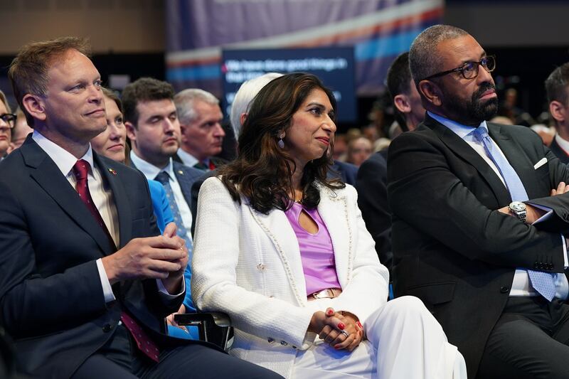From left, Grant Shapps, Secretary of State for Defence, Home Secretary Suella Braverman and Foreign Secretary James Cleverly at the conference. Getty Images