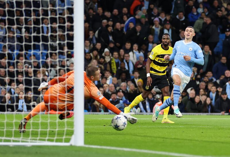 Phil Foden scores Manchester City's second goal against Young Boyt. Getty Images