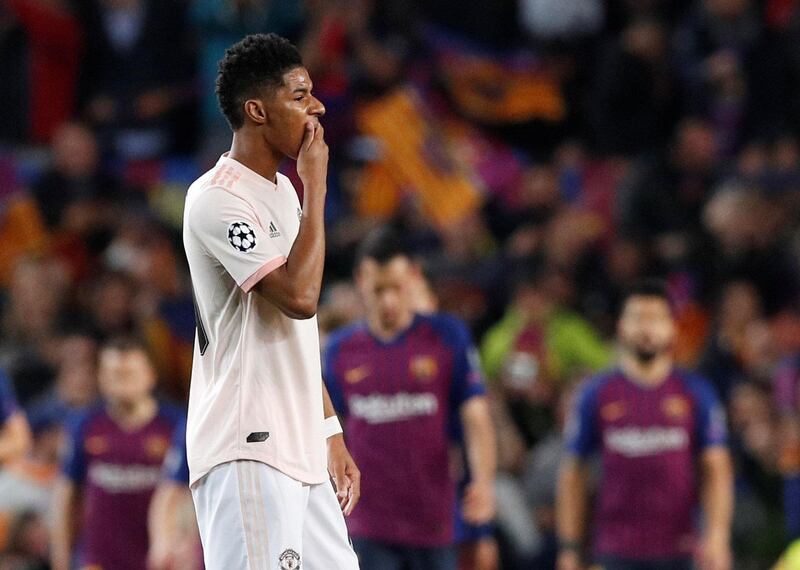 Manchester United's Marcus Rashford struck the crossbar with an early effort against Barcelona. Reuters