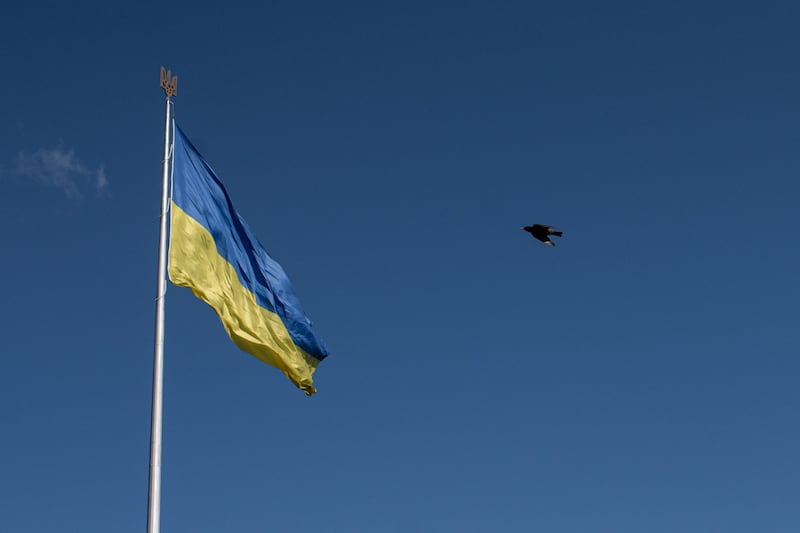 A bird flies by a giant Ukrainian national flag in the National Museum of the History of Ukraine in the Second World War in Kyiv, Ukraine. Getty
