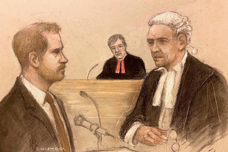 A court artist's sketch of Prince Harry being cross-examined by Andrew Green KC on Tuesday. AP