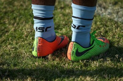 November 25, 2017.   Rugby match between Fiji  VS. Jebel Ali Dragons at the Dubai Sports City.  Shoes of Fiji Player, and Team Captain Jerry Tuwai.
Victor Besa for The National
Sports
Reporter:  Paul Radley