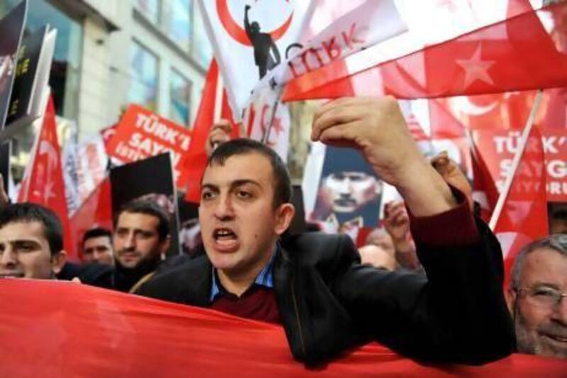 Hundreds of Turkish nationalists march on Istiklal Avenue in February to protest the resumption of peace talks with Kurd rebels.