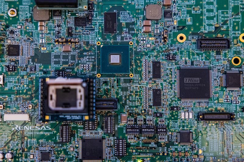 HSINCHU, TAIWAN - SEPTEMBER 16: A closeup of a circuit board on display at the Macronix International Co. Ltd  on September 16, 2022 in Hsinchu, Taiwan. Taiwan's semiconductor manufacturing capabilities are crucial to global supply chains, with megacap companies like Apple, Nvidia and Qualcomm heavily dependent on the island's exports. Taiwan accounts for some 60 percent of global semiconductor foundry revenue, according to media reports.  (Photo by Annabelle Chih/Getty Images)
