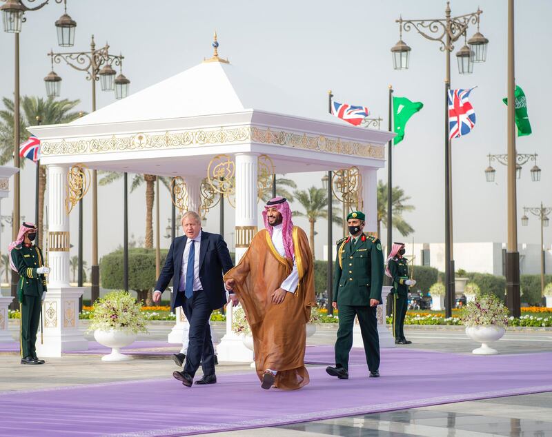 Prince Mohammed and Mr Johnson meet in Saudi Arabia. Diplomatic ties between the UK and the kingdom date back to 1848.