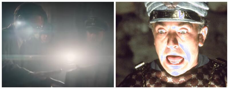 The villainous Nazi Jurgen Voller (Mads Mikkelson) is lit up by the Dial of Destiny, left, in the same way as Belloq was by the Ark of the Covenant in Raiders of the Lost Ark
