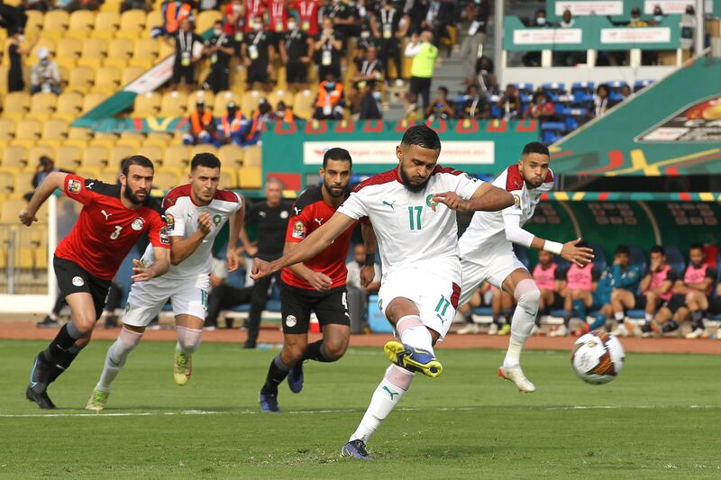 Sofiane Boufal scores from the spot to give Morocco the lead. EPA