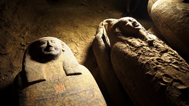 Coffins are seen after the discovery of an ancient burial shaft at a necropolis, about 30 kilometres south of Cairo, Egypt. EPA