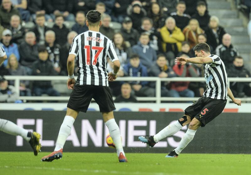 NEWCASTLE UPON TYNE, ENGLAND - FEBRUARY 26: Fabian Schar of Newcastle United (05) scores the opening goal during the Premier League match between Newcastle United and Burnley FC at St. James Park on February 26, 2019 in Newcastle upon Tyne, United Kingdom. (Photo by Serena Taylor/Newcastle United)