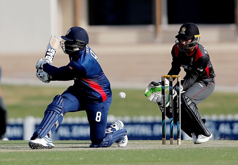 Dubai, March, 16, 2019: Steven Taylor of USA in action against UAE during the T20 match at the ICC Academy in Dubai. Satish Kumar/ For the National / Story by Paul Radley