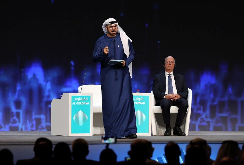 Dubai, United Arab Emirates - February 10, 2019: H.E. Mohammad Al Gergawi Minister of Cabinet Affairs and the Future, Chairman of the World Government Summit speaks at the opening of the summit during day 1 at the World Government Summit. Sunday the 10th of February 2019 at Madinat, Dubai. Chris Whiteoak / The National
