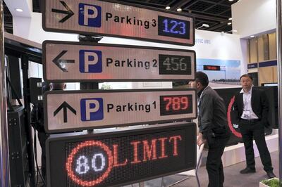 DUBAI , UNITED ARAB EMIRATES , December 5  – 2018 :- Road safety signs on display at the Dianming Tech stall at the Gulf Traffic conference held at Dubai World Trade Centre in Dubai. ( Pawan Singh / The National ) For News. Story by Patrick