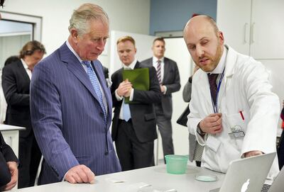 Prince Charles at the Polymateria lab in 2019 with Dr Chris Wallis, who heads up innovations at the company. Courtesy Polymateria