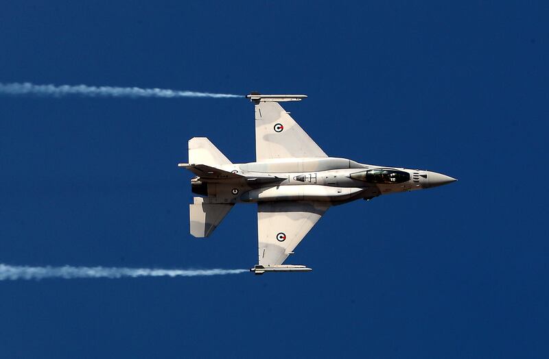 An F16-60 during a display at the Dubai Airshow. Pawan Singh / The National