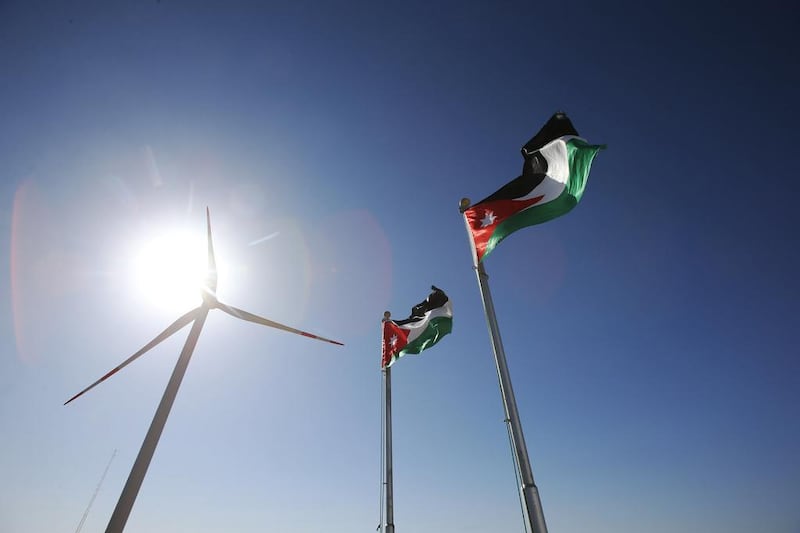 Jordanian flags are seen hoisted at the wind farm.