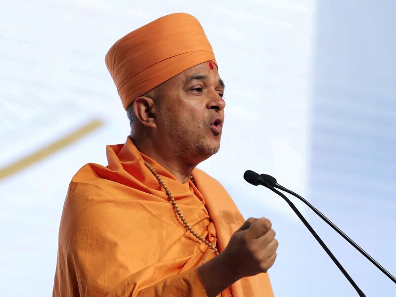 Abu Dhabi, United Arab Emirates - February 03, 2019: H.E. Swami Brahmavihari speaks in the second session at the Global Conference of Human Fraternity. Sunday the 3rd of February 2019 at Emirates Palace, Abu Dhabi. Chris Whiteoak / The National