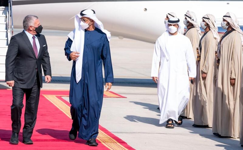 Sheikh Mohamed bin Zayed welcomed King Abdullah II of Jordan to Abu Dhabi on Saturday.