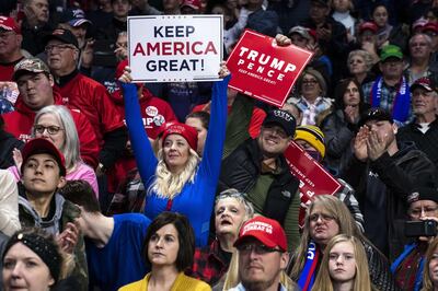 TOLEDO, OH - JANUARY 09: Supporters cheer in the crowd as President Donald Trump speaks at a "Keep America Great" campaign rally at the Huntington Center on January 9, 2020 in Toledo, Ohio. President Trump won the swing state of Ohio in 2016 by eight points over his opponent Hillary Clinton.   Brittany Greeson/Getty Images/AFP
== FOR NEWSPAPERS, INTERNET, TELCOS & TELEVISION USE ONLY ==
