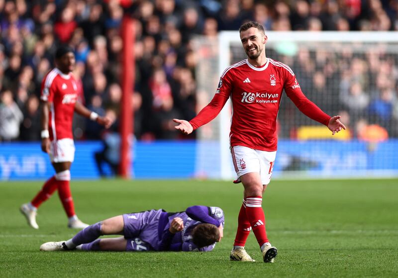 Nottingham Forest's Harry Toffolo reacts after committing a foul. Action Images 