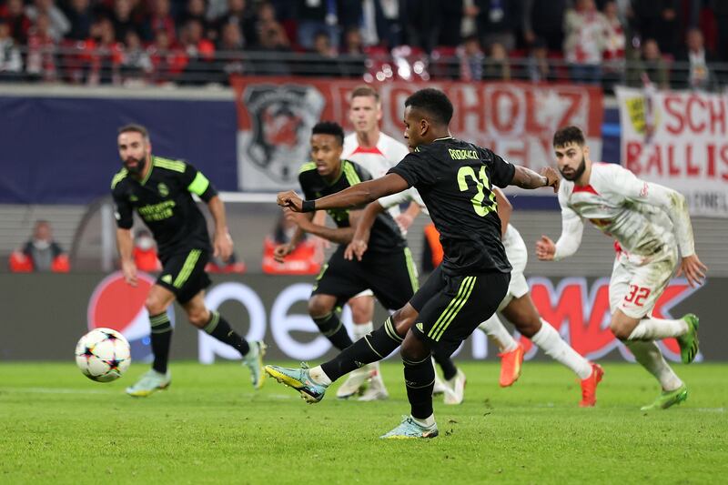 Rodrygo scores Real Madrid's second goal from the penalty spot. Getty