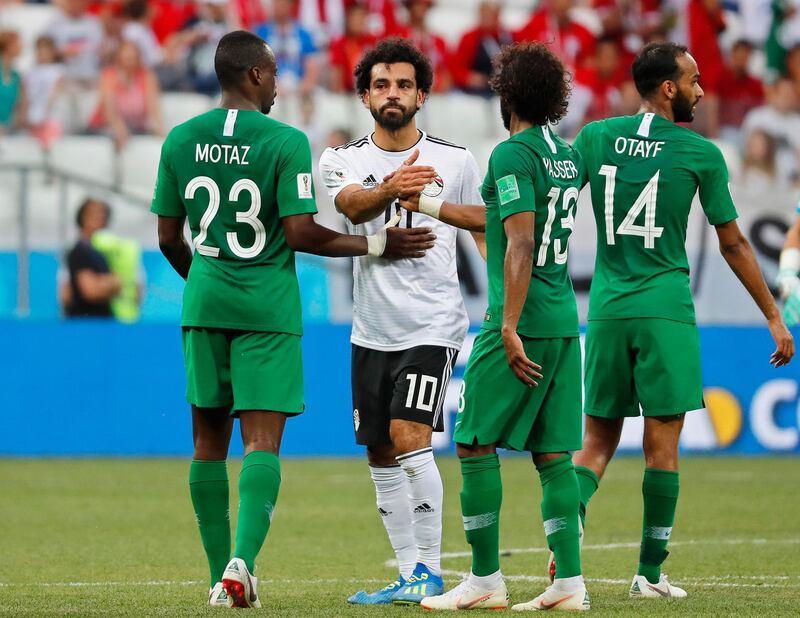 Mohamed Salah reacts after the Group A match between Saudi Arabia and Egypt in Volgograd. EPA