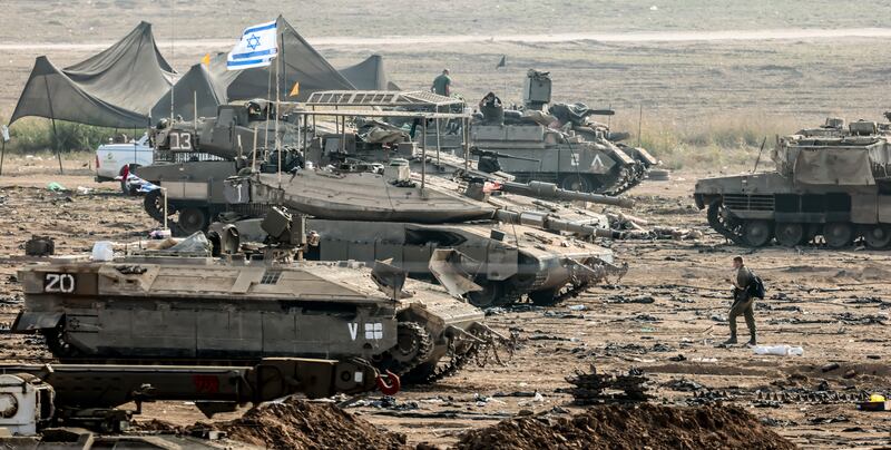 Israeli soldiers take part in a drill near the border with Gaza ahead of an expected ground invasion. EPA